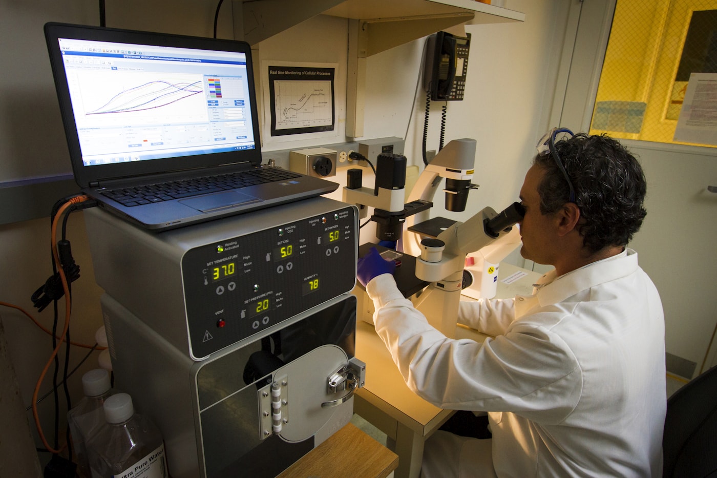 Pharmaceutical researcher analyzing samples with laboratory equipment
