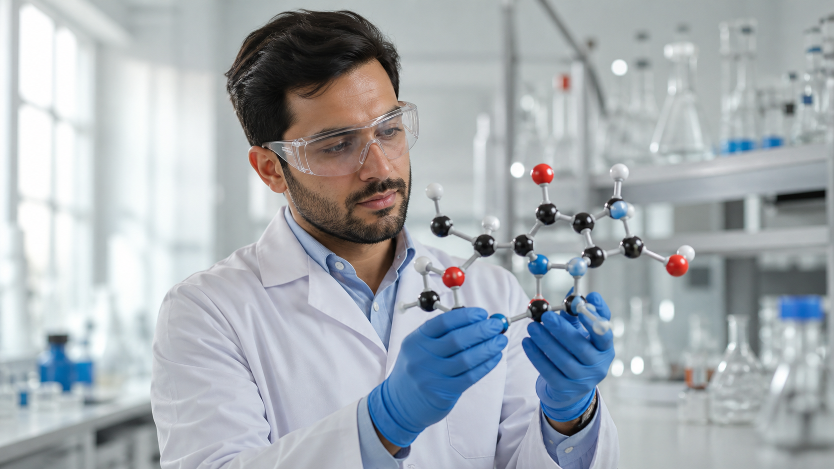 Researcher examining a molecular model